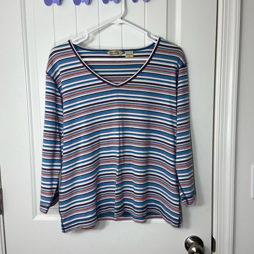 EUC Vintage Eddie Bauer women’s blue multicolor striped v-neck crop sleeve top